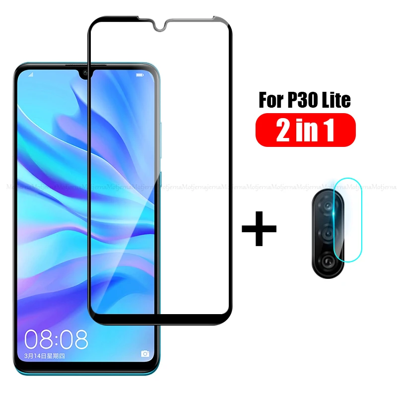 2 в 1 Защитное стекло для huawei P30 Lite P30Lite полное покрытие закаленное и объектив