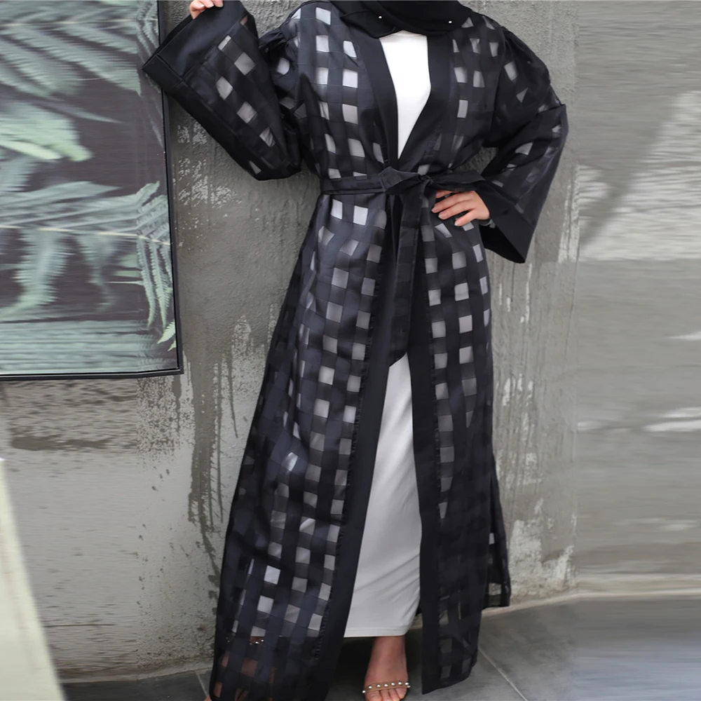 Черный клетчатый Абая Дубай кимоно кардиган хиджаб мусульманское платье