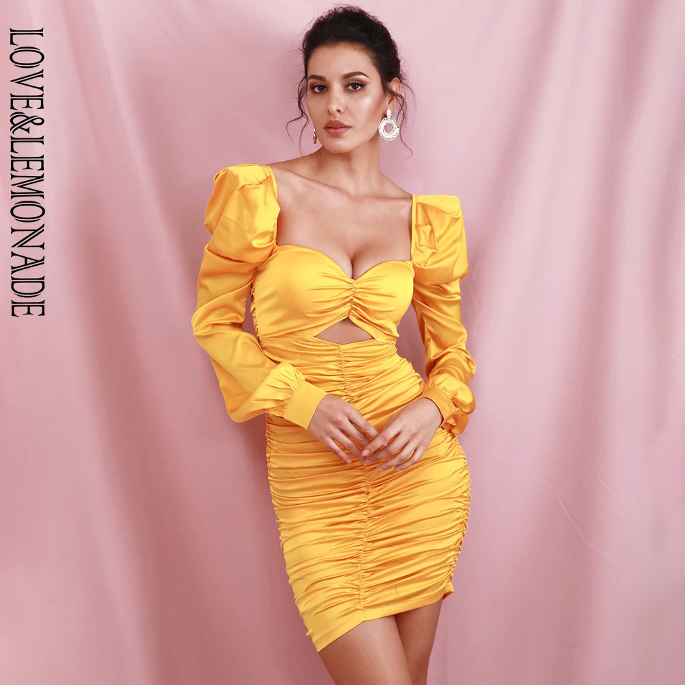 Женское облегающее мини платье LOVE & LEMONADE желтое Плиссированное микро эластичное