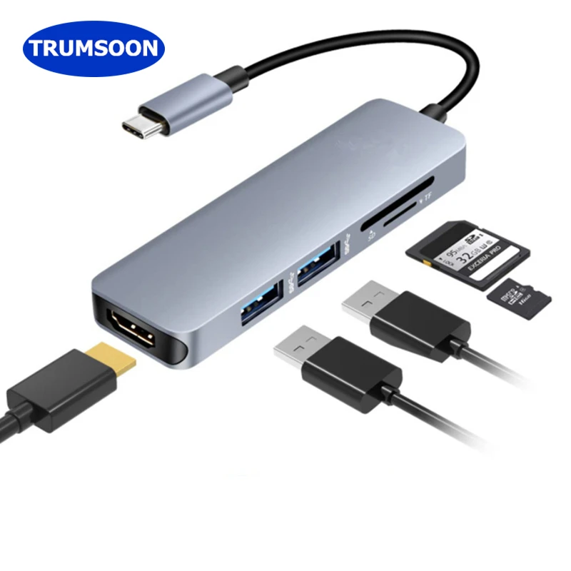 

TRUMSOON Type-C to HDMI-compatible USB C 3.0 SD TF Card Reader Adapter for MacBook Samsung S9 Dex Xiaomi 10 Realme Q2 TV PS5