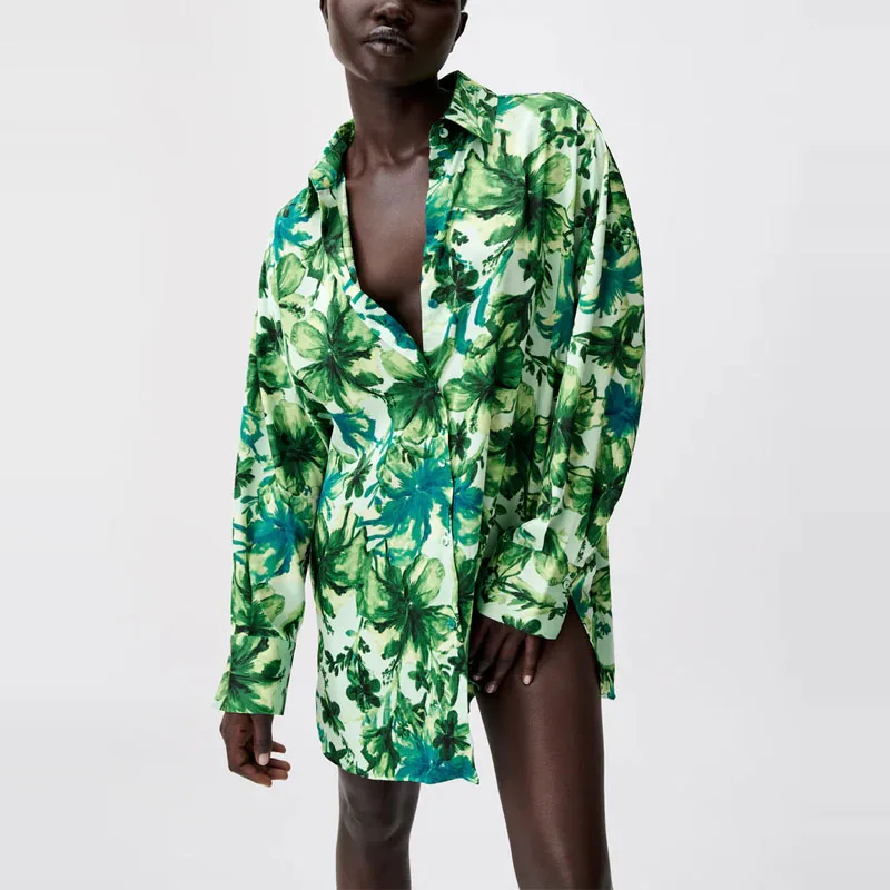 

ZA 2021 Лето женское зеленое с тропическим принтом рубашка свободного кроя с длинным рукавом свободные рубашки в винтажном стиле шикарная на п...