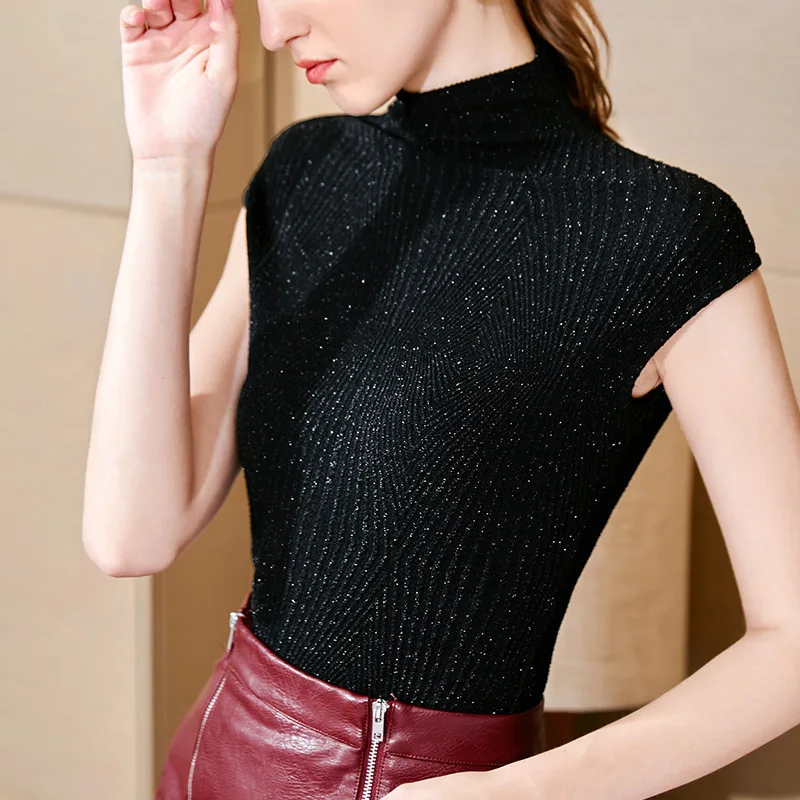 

Sleeveless suspender vest women's spring new mini shirt flash silk T-shirt half high collar bottom coat bright silk top