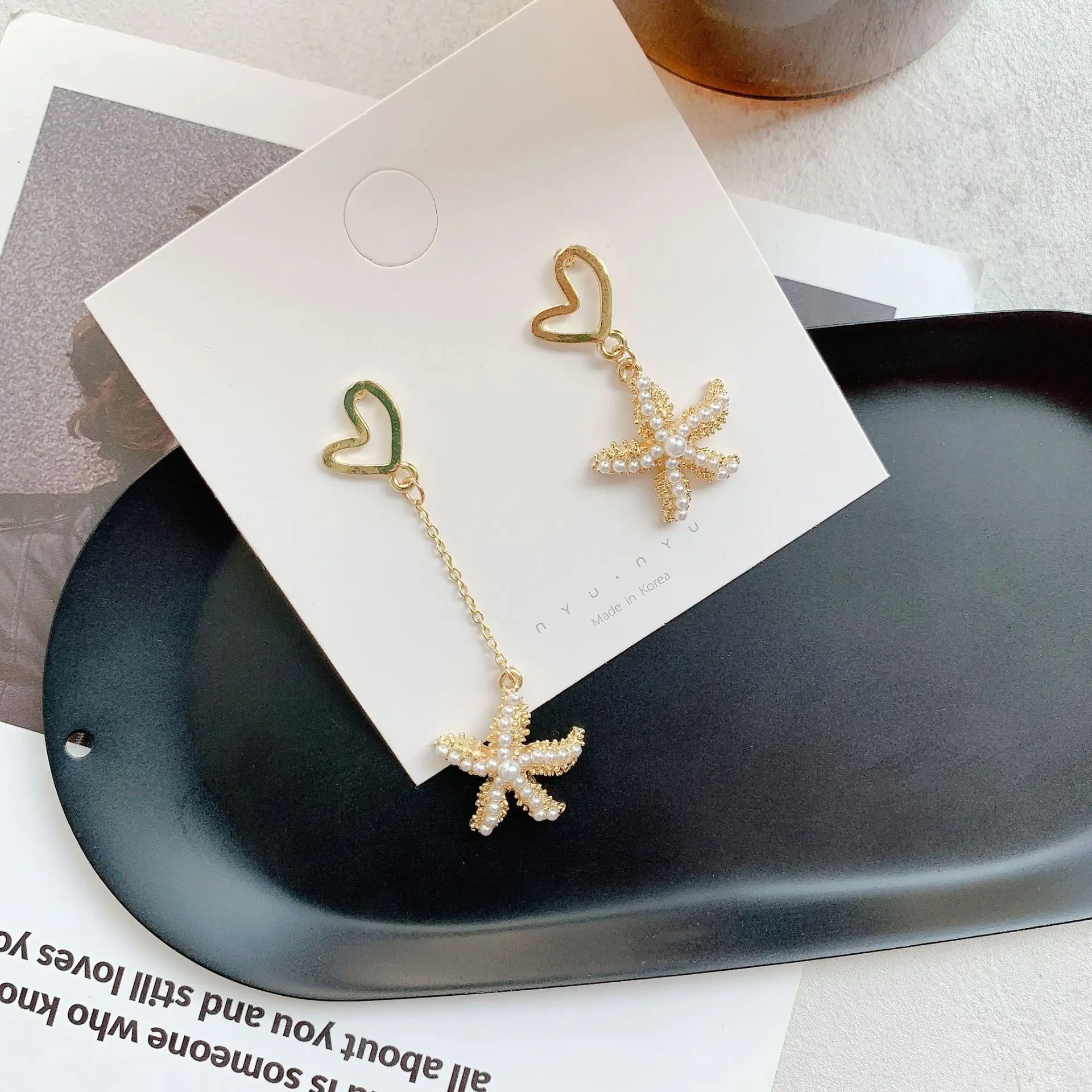 Простые Позолоченные асимметричные серьги с жемчугом в виде морской звезды 2021OL