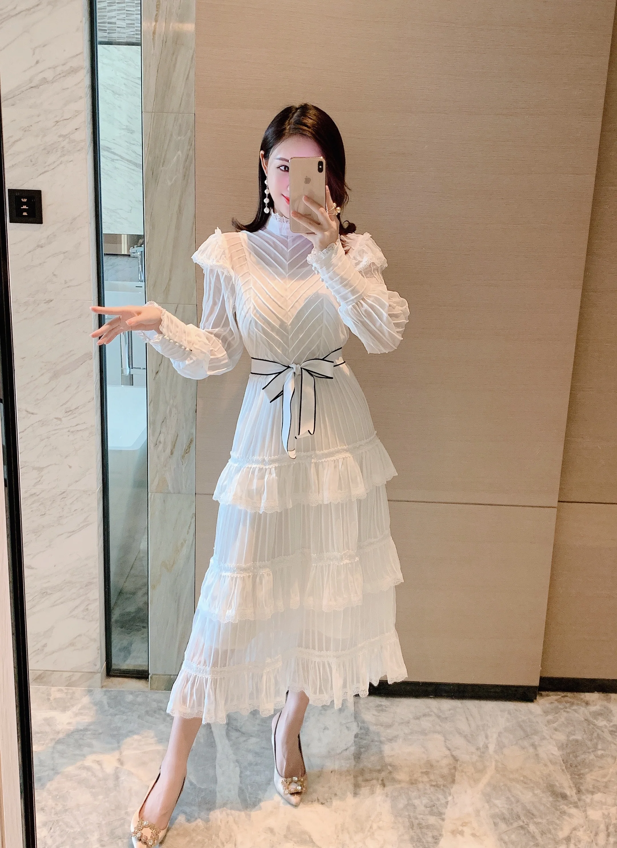 

ZAWFL Women Autumn Fashion Runway Party Cake Midi Dress Lace Ruffles Long Sleeve High Waist Bodycon Ladies A-Line Dresses 2020