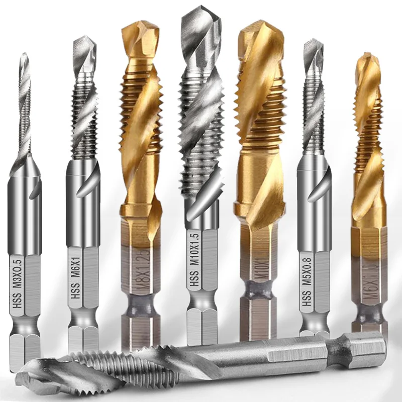 

Tap Die Drill Combination Bit Set, 1/4" Hex Shank Screw Thread Taps Woodworker Tool Hole Cut High Speed Steel Spiral HSS Tapping