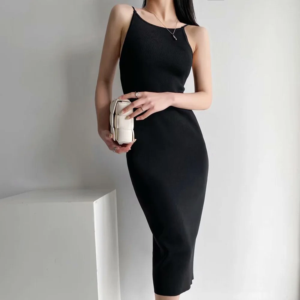 

2021 New Summer Women Vintage Fashion Solid Knitted Dress Female Sexy Casual Slim Party Sling Dress Backless Long Dresses