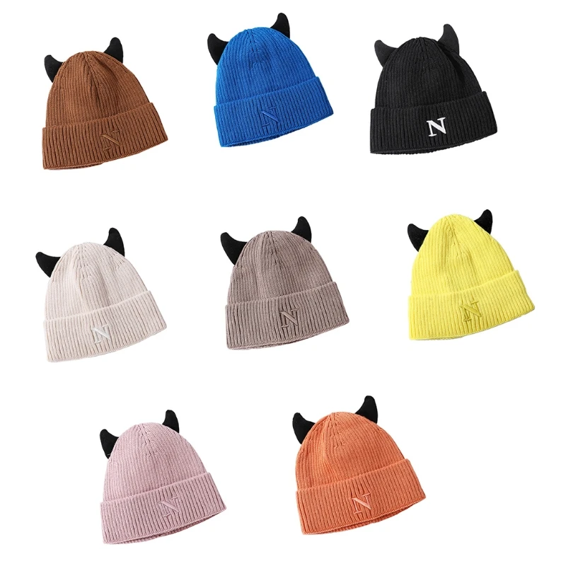 

573B Cute Letter N Knit Hat Cow Horns Knit Hat Wool Hat Beanie Hat Earprotect Winter for Family Gathering Street Shooting