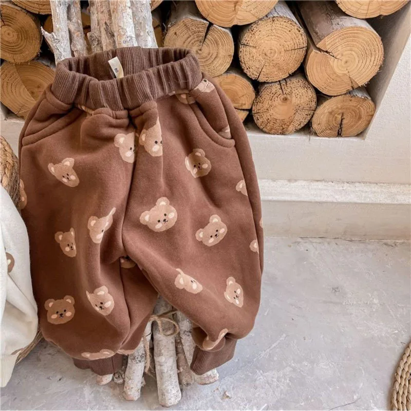 Pantalones bombachos con estampado de oso para ni&ntilde;os y ni&ntilde;as, calzas informales c&aacute;lidas de forro polar, ropa holgada de dibujos animados, novedad de invierno, 2021-5