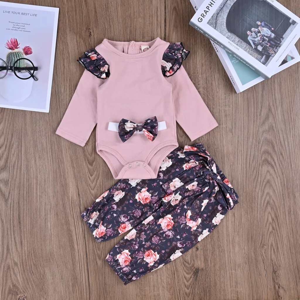 

Newborn Infant Baby Girls Clothes Flower Pattern Long Sleeve Bodysuit+ Pants + Headband 3Pcs Baby Outfits Infant Clothing Set