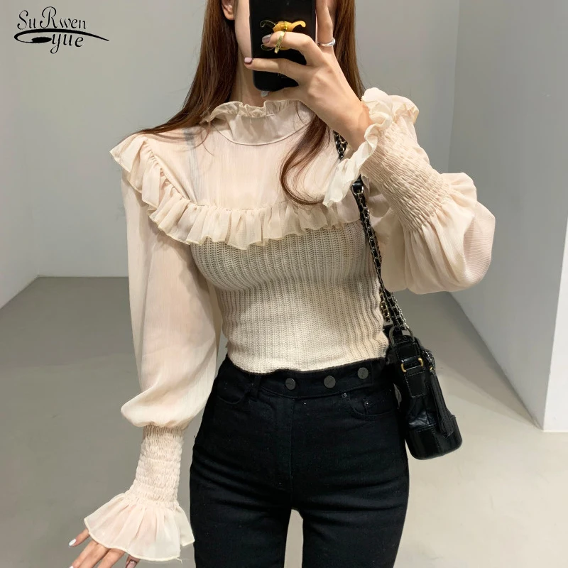 

Новая Элегантная рубашка, топы, осенние корейские модные шифоновые блузки с пышными рукавами, женская зимняя повседневная трикотажная одежда, блузы 16481