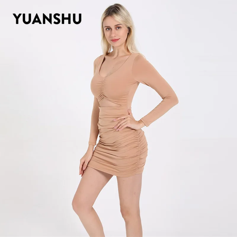 YUANSHU сексуальное модное мягкое облегающее мини-платье женское платье с v-образным