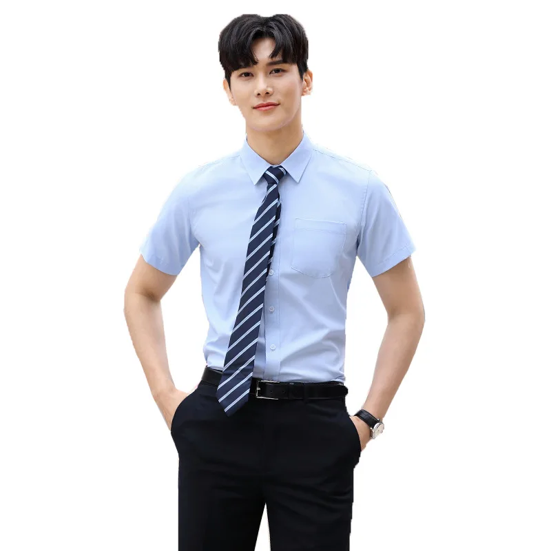 

Business professional dress solid color non iron inch shirt light blue short sleeve shirt men's slim regular light blue shirt