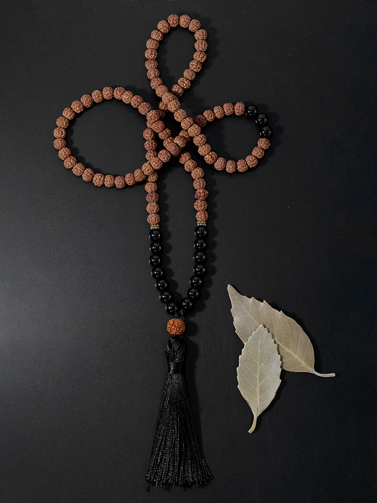 OAIITE Onyx Rudraksha Bead Strand Mala Necklace with Black Tassel Women Men Yoga Meditation Jewelry