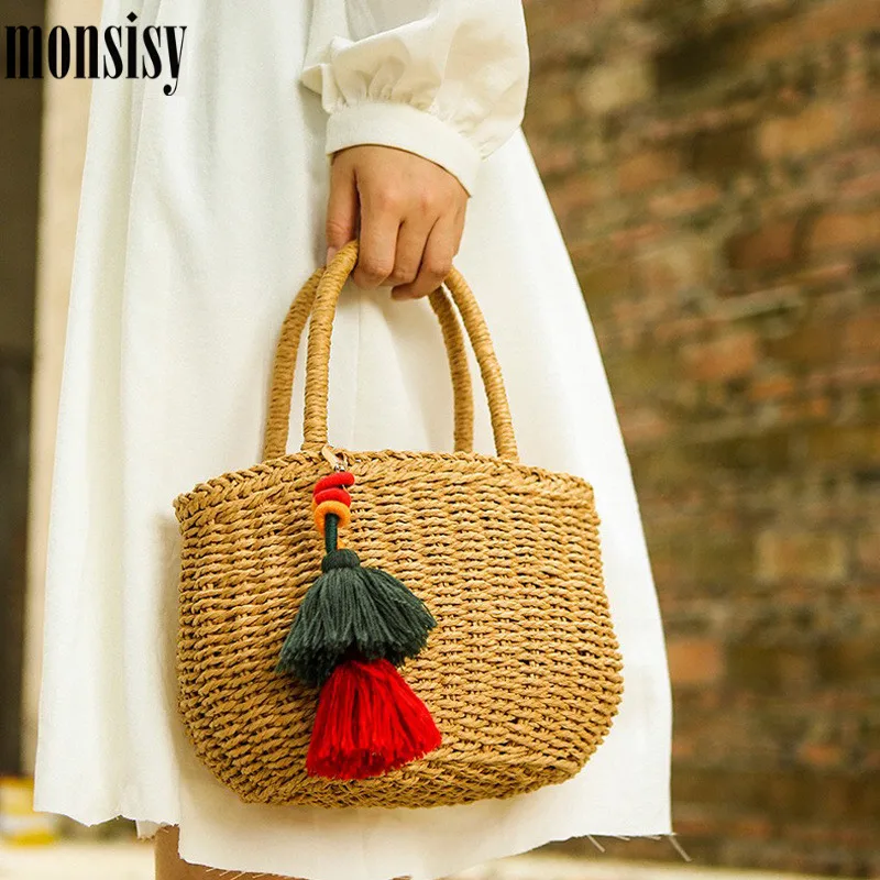 Monsisy New Woven Bag For Women 2020 Straw Girl Basket Tote Summer Holiday Vacation Bohemian Handmade Rattan Beach Bags | Багаж и сумки