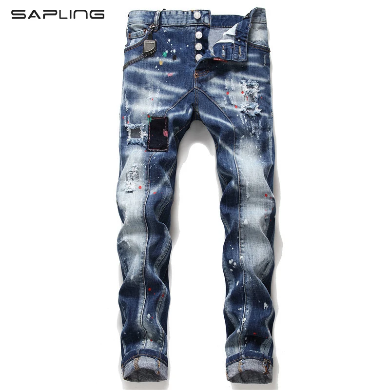 

Hole Beggar Jeans Men's Autumn Winter Vintage Spray Paint Patchwork Denim Trousers Male Personality Straight Slim Pants Trousers