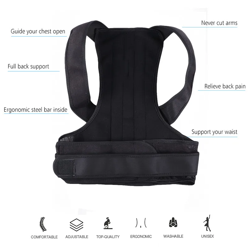 Регулируемый Черный Корректор осанки для спины унисекс 6 размеров поддержка плеч