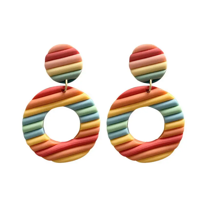 

Rainbow Polymer Clay Circle Earrings for Women Handmade Textured Cutout Round Earrings Boutique Jewelry Wholesale