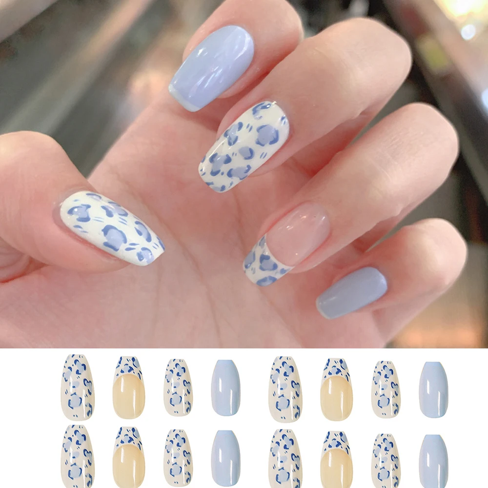 

24pcs/Box Blue Full Cover Coffin Artificial Nail Tips Wearable Fake Nails Short Ballerina False Nail Tip