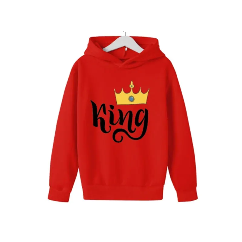 

Fashion Clothing Autumn Long Sleeve Hooded Sweatshirt Autumn Winter Pullover Top KING Queen Crown Printed Boys Girls for Street