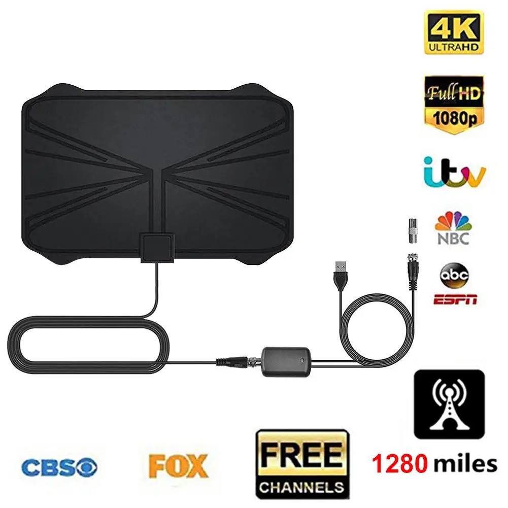 Цифровая HDTV антенна 4K 1280 миль 28 дБ с высоким коэффициентом усиления черная ультра