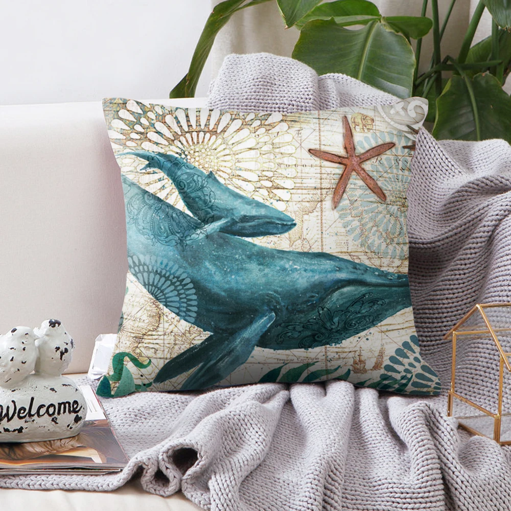 Наволочка из хлопка и льна с изображением морской черепахи русалки декоративная
