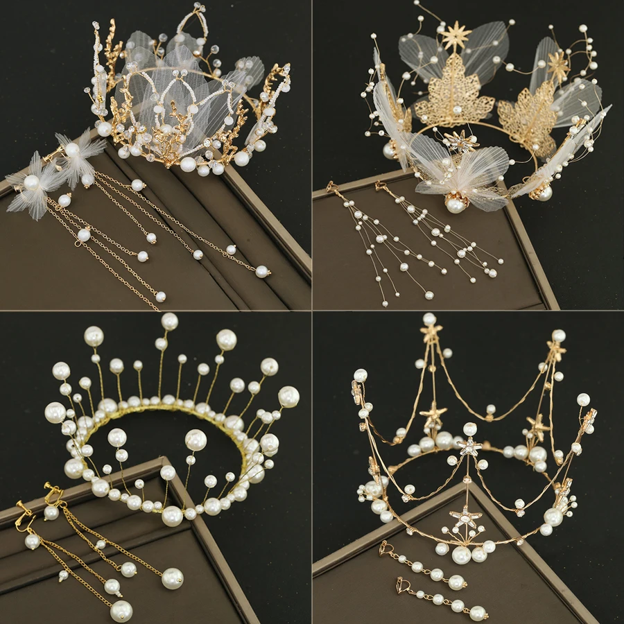 

Crown Hair Ornament Bridal Wedding round Crown Baroque Adult Birthday New Silk Yarn Golden Wedding Headdress for Women