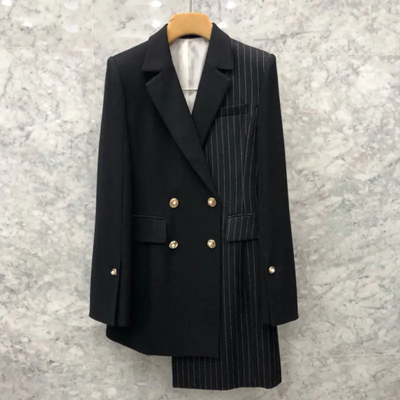 

Asymmetric Suit Ladies Jacket Fashion Spring and Autumn Stripes Stitching Double-breasted Blazer Irregular Femme Coat f2723