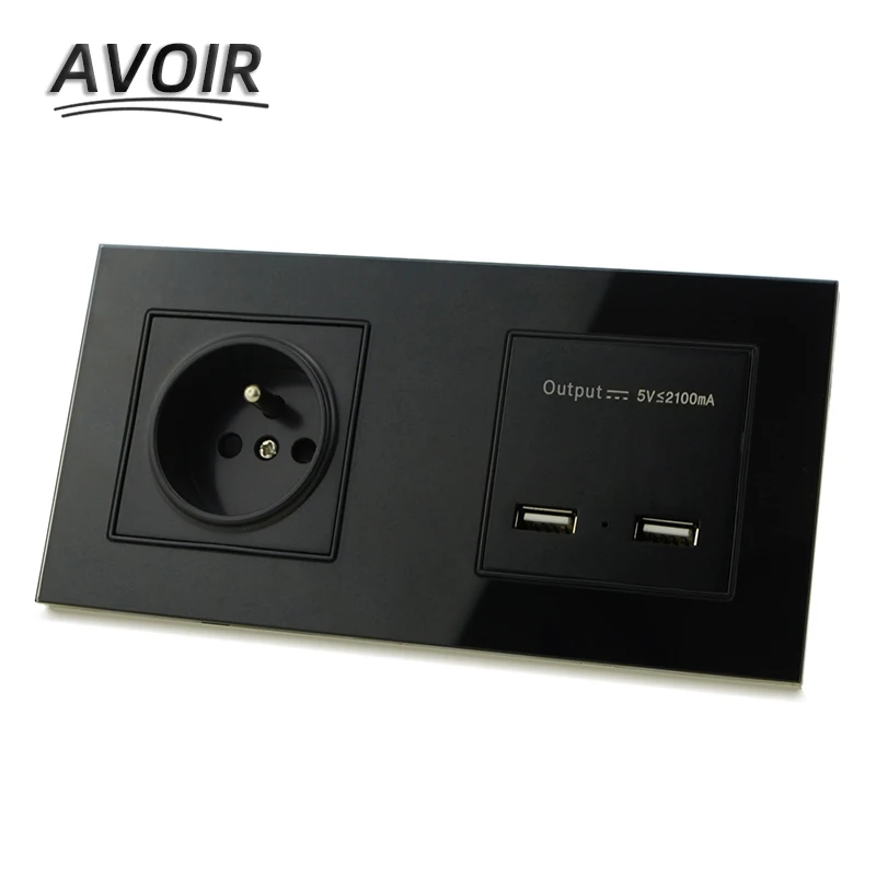 

Avoir FR Standard Plug Socket Power Adapter USB Charging Port For Mobile Double Power Wall Socket Glass Panel Outlet