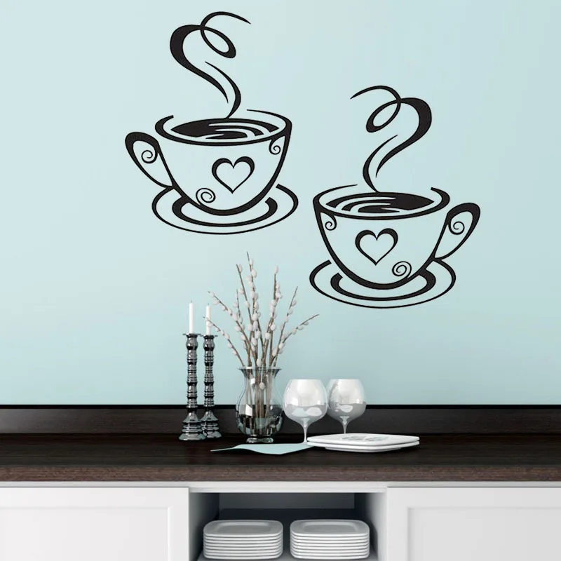 

black coffee cups Wall Art Stickers PVC Home Kitchen Restaurant Cafe Tea Wall Sticker Coffee Cups Sticker Wall Decal Decor DIY