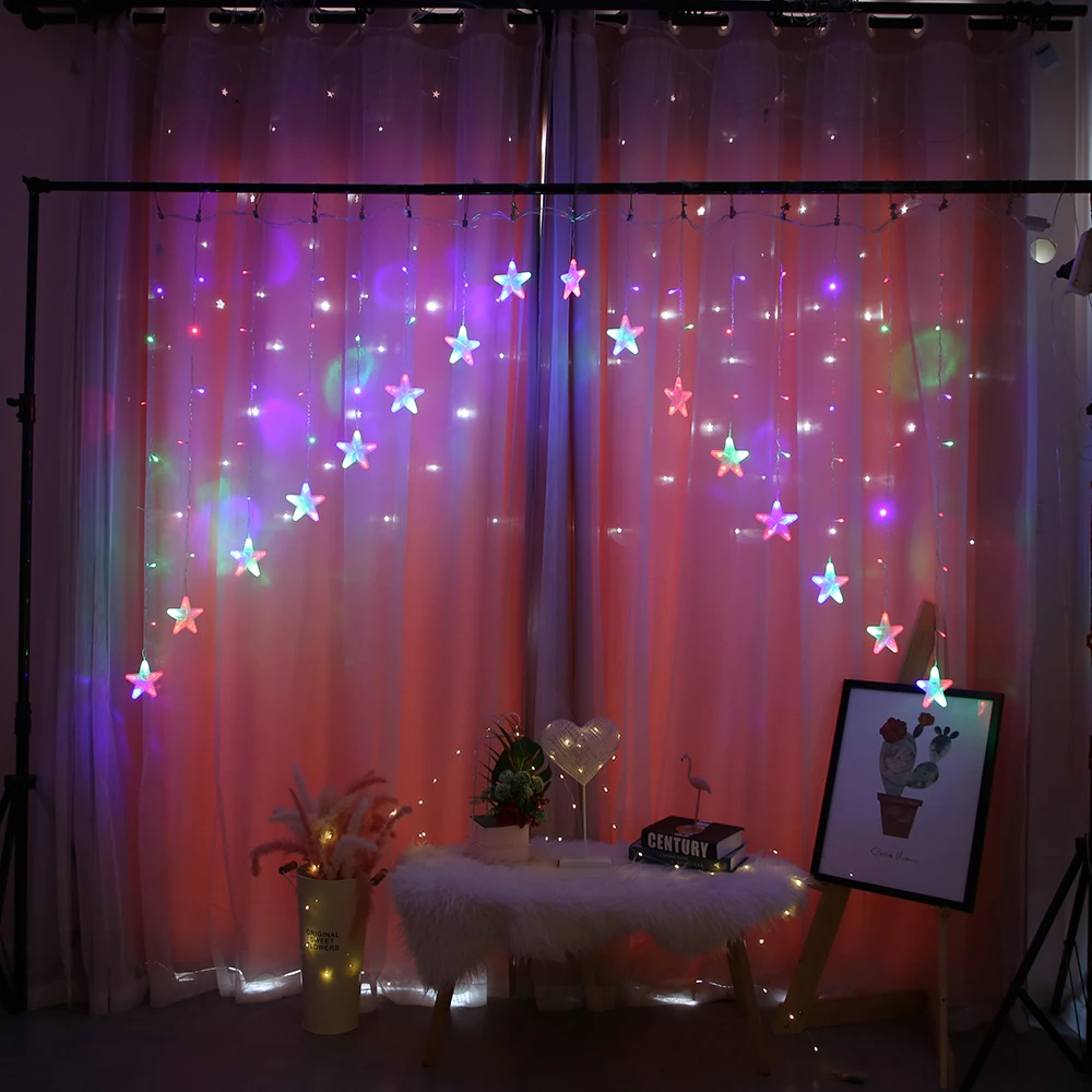 

16leds Stars Curtain String Lights 8 Modes Pentagram Fairy Light for Christmas New Year Wedding Party Garden Window Decoration