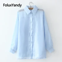 thin summer shirt women long sleeve blouse plus size transparent casual shirt solid chemise xxxl 4xl kkfy5527