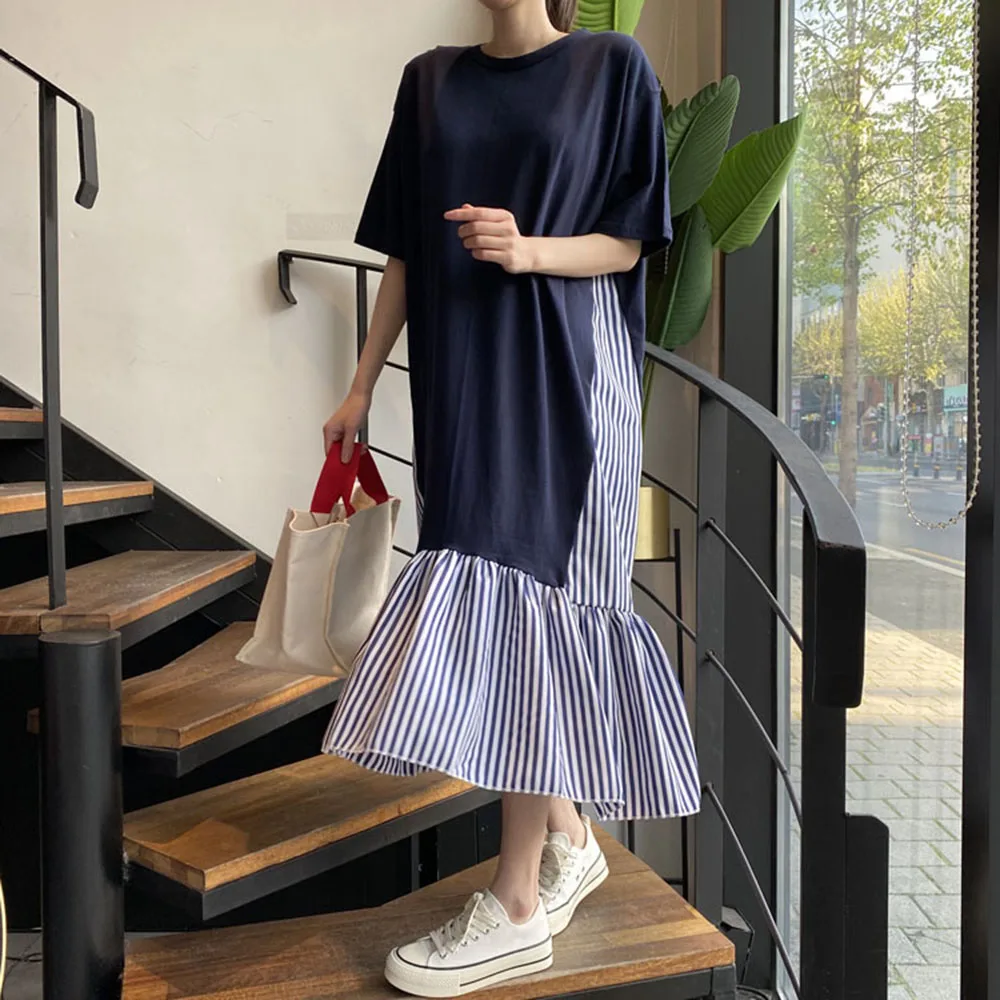 

Japanese Style Fashion 2021 Ladies Dress Summer Korean Casual Loose Stripe Color Contrast Splicing Round Neck Summer