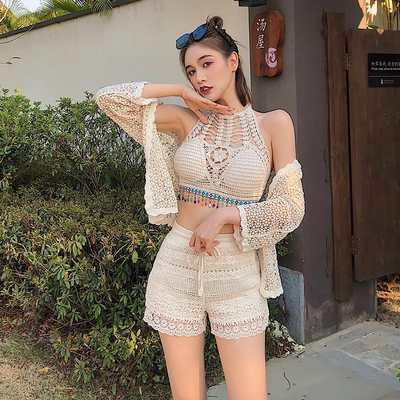 

New Womens Bohemian Sexy National Style Beach Bikini Backless Knitted Three-Piece Swimsuit Bathing Suits Woman 2020