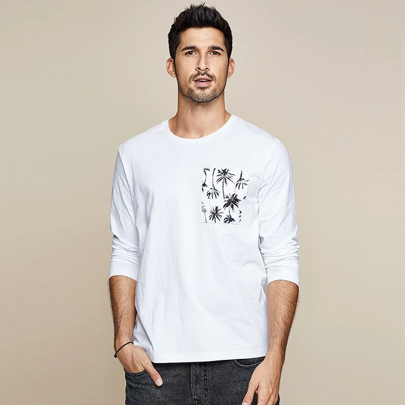 Мужская футболка с принтом KUEGOU белая длинным рукавом из 100% хлопка 7734|Мужские