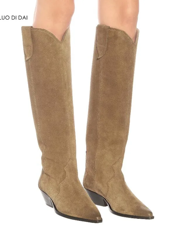 2019 new women knee high boots block heel point toe suede leather ladies party shoes slip on western booties | Обувь
