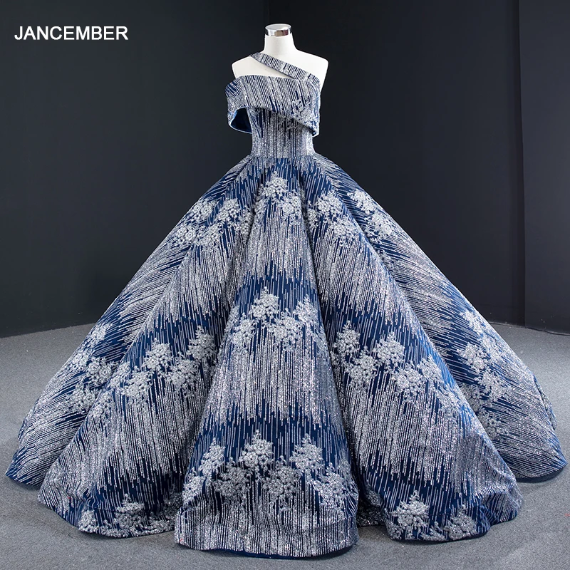 

J67011 jancember prom party ball gown evening dress one shoulders and off shoulder pattern appliques blue dress vestido noite
