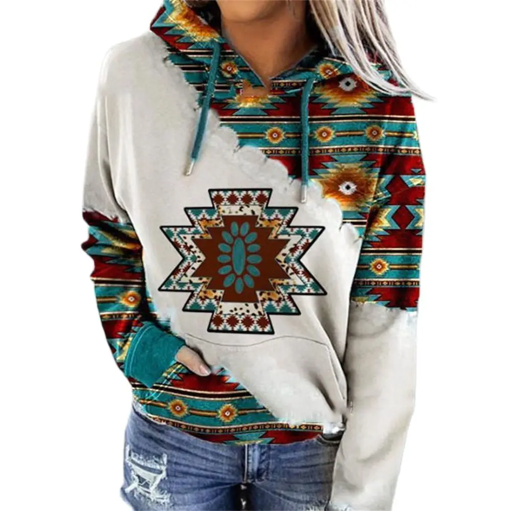 Фото Женский пуловер с капюшоном повседневный свободный этнический свитшот принтом