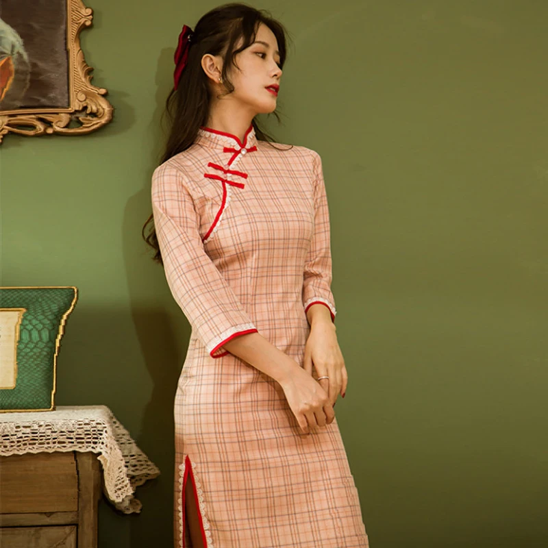 Женское клетчатое платье в китайском стиле элегантное красное Чонсам ретро