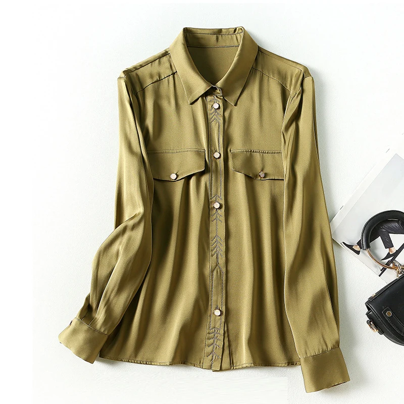 100% Тяжелая шелковая женская рубашка с отложным воротником и длинными рукавами