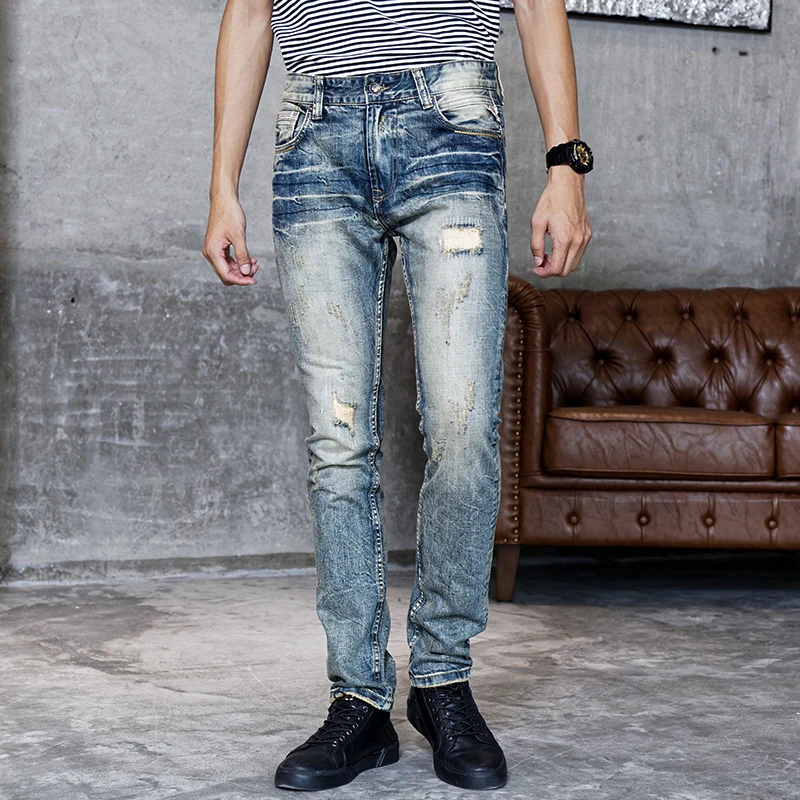 Newly Designer Fashion Men Jeans High Quality Retro Blue Destroyed Slim Fit Ripped Jeans Men Streetwear Vintage Denim Punk Pants