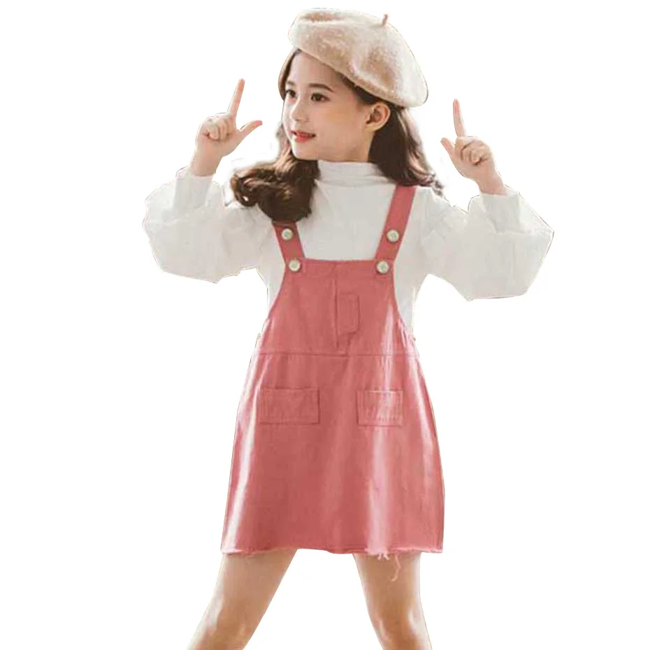 Одежда для подростков белая рубашка + платье на бретелях 2 шт. одежда девочек