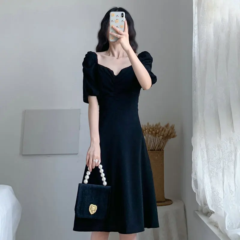 

Summer Women Black Dresses Puff Short Sleeve Horizontal Neck Drape Front Design Knee Length One Piece Elegant Robe