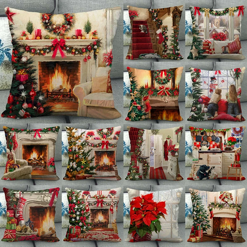 

2022 Christmas Home Decor Throw Cushion Cover Cotton Linen Print Pattern Christmas Party Decorations Living Room Sofa Decor