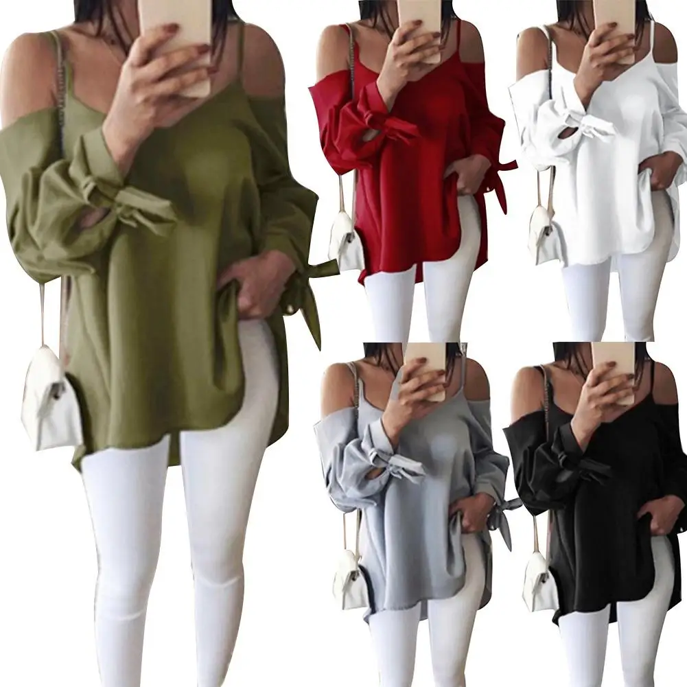 

Fashion Summer Women Shirts Clothing Solid Color Sexy Lady Off Shoulder Sling V Neck Knotted Long Sleeve Ladies Blouse Shirt