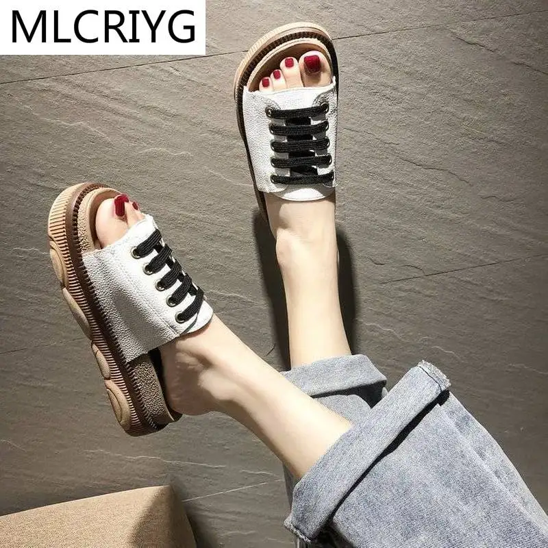 

Женские сандалии на шнуровке, повседневные Босоножки с открытым носком, Нескользящие, с медвежьей подошвой, для улицы, Новинка лета 2021