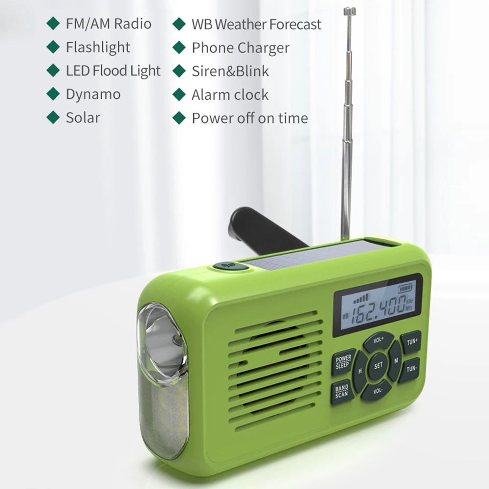 Портативный радиоприемник FM / AM/WB с ручным управлением работает от солнечной