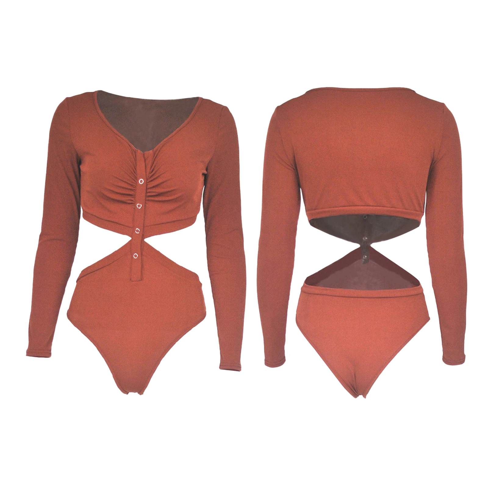 

Womens Long Sleeve Ribbed Bodysuits Fashion Solid Color V-neck Hollow Out Tight-fitting Jumpsuits Casual Female Bodycon Rompers