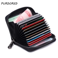 purdored 1 pc men business card holder genuine leather credit card holder women zipper pocket unisex card case zipper coin purse