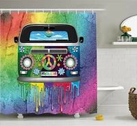 decorations shower curtain set old style hippie van with dripping rainbow paint mid 60s youth theme