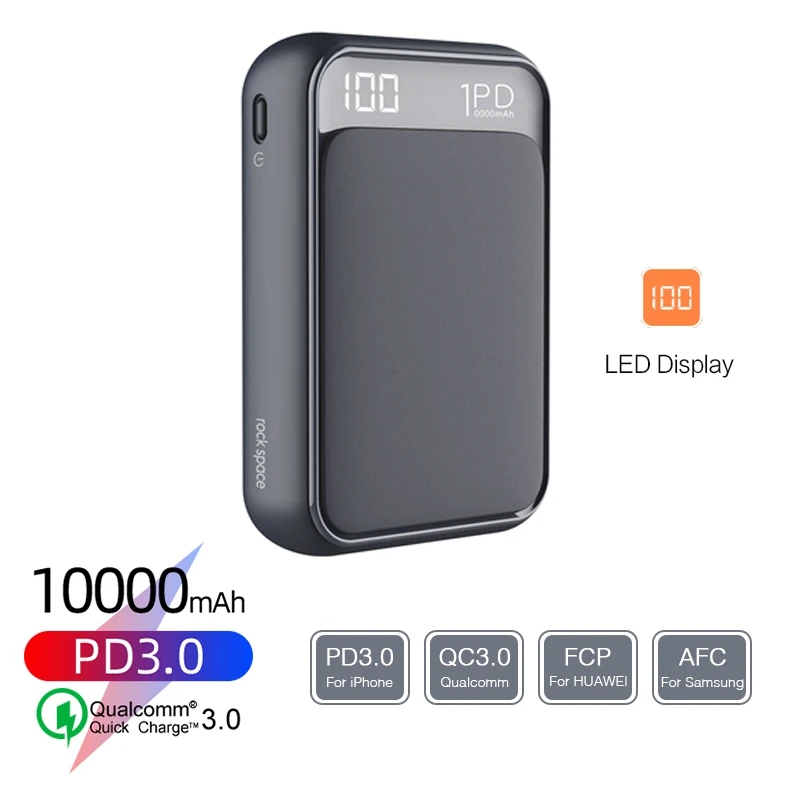 Navy blue ROCK PD QC 3,0 10000 мАч Мини банк мощности 18 Вт внешняя батарея USB PD type C быстрая зарядка банк питания для iphone samsung S10 - Цвет: Navy blue